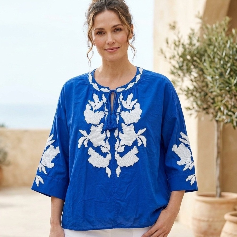 Chicos Blouse Small Womens 1 Blue Oversized Embroidered Cotton Boho Peasant Top